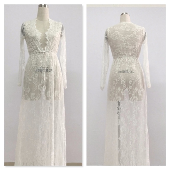 Sexy Boho Lace White Deep V Long Lingerie Dress - Picture 6 of 16